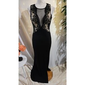 Vtg Trixxi Y2K Womens Lace Sequin Bodycon Slit Gown Dress Sz 3 Black Whimsigoth